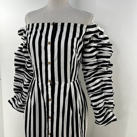 Anna October Off the Shoulder Stripe Dress Black White Midi Ruffle Sleeves - Picture 2 of 16
